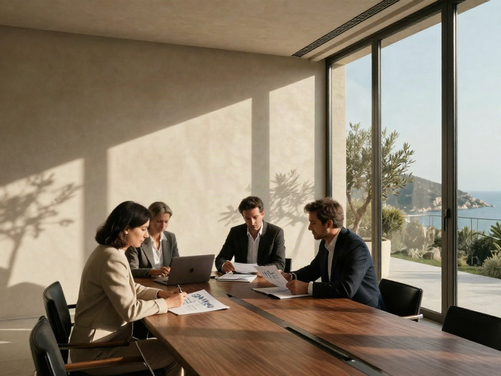Consultants reviewing business strategy in a sunlit contemporary boardroom