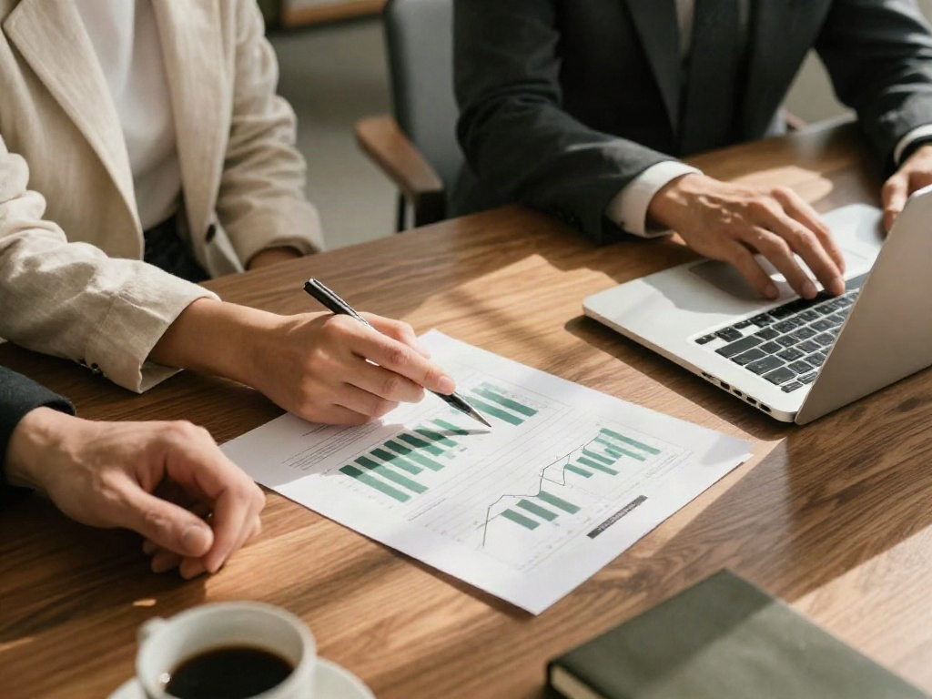 A consultant examining business performance reports and making notes during a strategy review